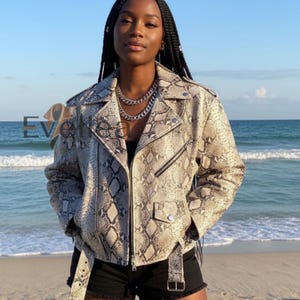 Python Embossed Leather Biker Jacket – Slim Fit Snake Print Blazer image 5