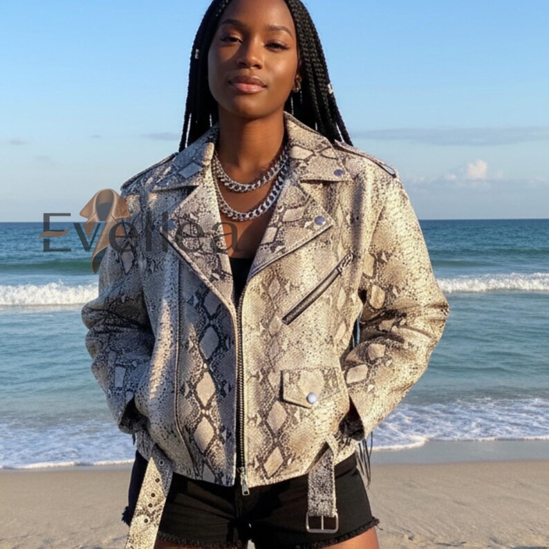 Python Embossed Leather Biker Jacket – Slim Fit Snake Print Blazer image 5