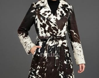 Handmade Cowhide Trench Coat: Real Hair-On Hide Leather, Unisex Winter Outerwear