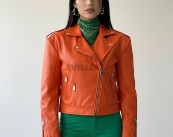 Orange Genuine Leather Biker Jacket for Women Handmade Moto Style | Soft Real Leather Coat Custom Size  Color Available  Trendy Fall Fashion