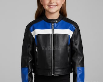 Kids Genuine Leather Biker Jacket – Blue & White, Unisex Style