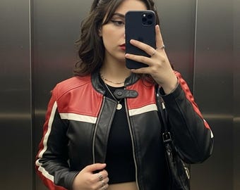 Red & Black Leather Moto Jacket: Cropped Retro Racing Style genuine leather
