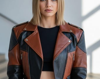 Patchwork GENUINE REAL  Leather Moto Jacket: Cropped Biker, Edgy Streetwear