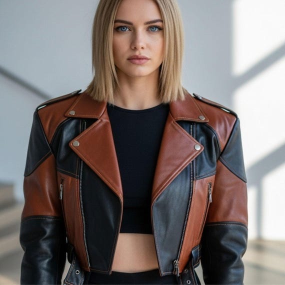 Patchwork GENUINE REAL  Leather Moto Jacket: Cropped Biker, Edgy Streetwear