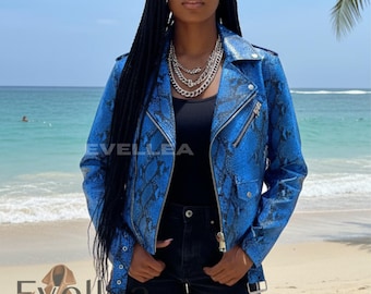 Blue Python Embossed Leather Biker Jacket – Slim Fit Snake Print Blazer