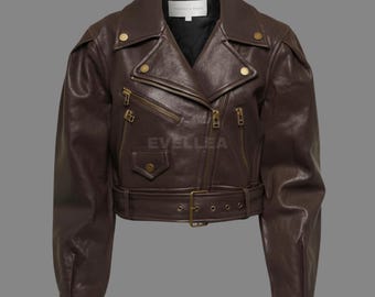 Handmade Dark Brown Leather Biker Jacket – Cropped & Belted