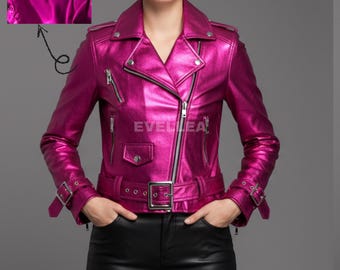 Metallic Hot Pink Leder Bikerjacke: Unisex Moto Festival Jacke