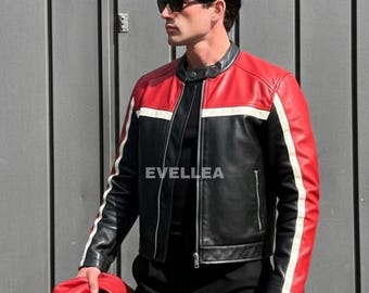 Handmade Red & Black Leather Racing Jacket: Moto Biker Style