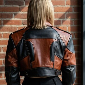 May include: A cropped leather jacket in brown and black. The jacket features a geometric design with brown panels and black accents. The back view shows the jacket's tailored fit and details, including a small buckle at the waist and shoulder accents.