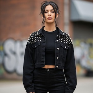 Women’s Black Studded Cropped Denim Jacket – Punk Rock Goth Streetwear Festival Outfit