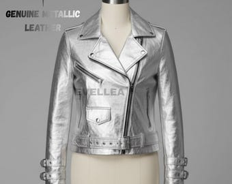 Unisex Metallic Silver Leather Biker Jacket: Genuine Moto Outerwear