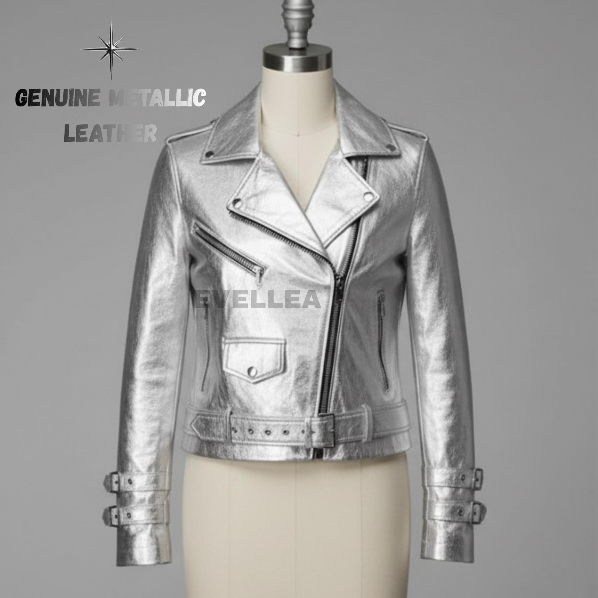 Unisex Metallic Silver Leather Biker Jacket: Genuine Moto