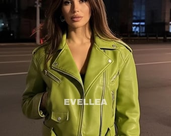 Handmade Lime Green Leather Moto Jacket - Unisex Streetwear