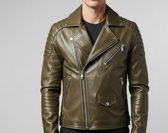 Handmade Olive Green Leather Biker Jacket: Unisex Moto Style