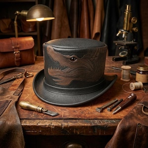 May include: A black leather top hat featuring a detailed embossed brown alligator head design on the side. The hat has a structured cylindrical crown and a wide brim, showcasing intricate craftsmanship with visible texture on the leather surface.