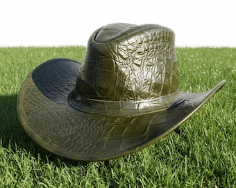 Olive green Luxury Embossed Crocodile Leather Cowboy Hat – Handmade Western Statement Piece
