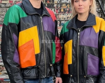 Vintage Patchwork Leather Jacket: Unisex 80s Moto Biker Style