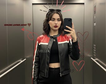 Red & Black Leather Moto  Jacket: Cropped Retro Racing Style
