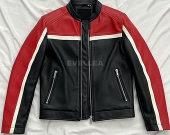 Red & Black Leather Moto Jacket: Cropped Retro Racing Style