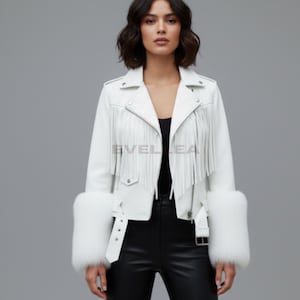Fringe Leather Moto Jacket with Faux Fur Cuffs: Pink ,Brown ,white Boho Coat