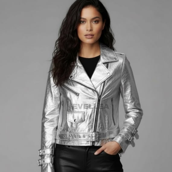 Unisex Metallic Silver Leather Biker Jacket: Genuine Moto