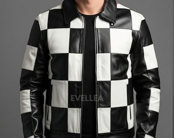 Checkered Genuine Leather Biker Jacket: Unisex Racing Style
