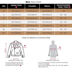 May include: A size chart for men's jackets, detailing chest, shoulder, and sleeve measurements in inches and centimeters. Includes a guide on how to measure for the correct size, using either a jacket or body measurements. Sizes range from XS to 3XL.