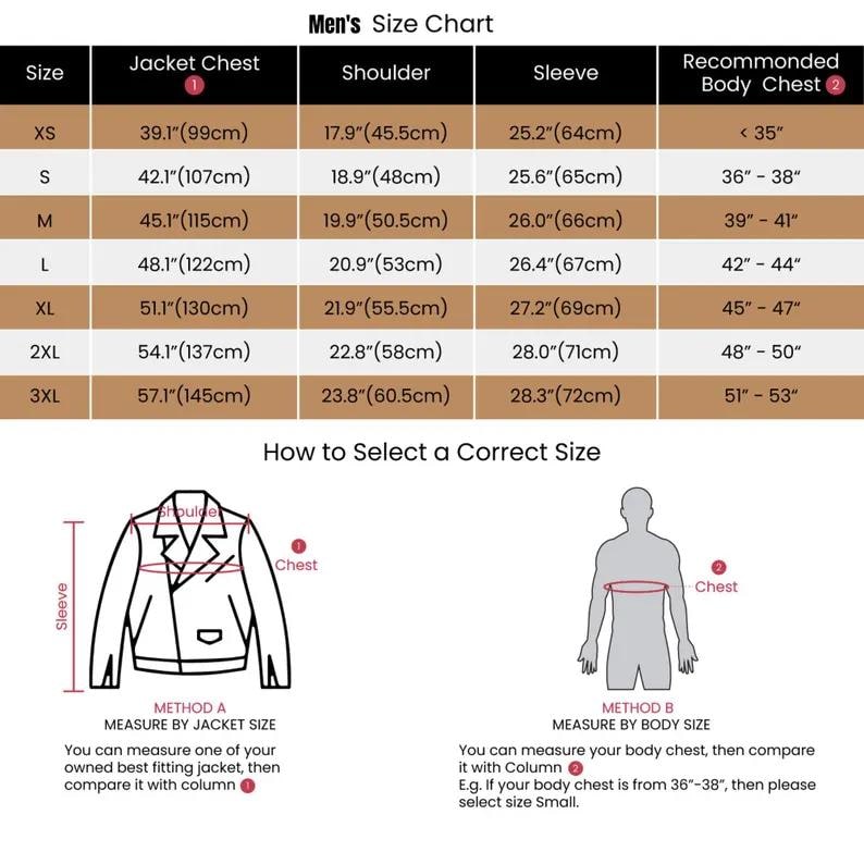 May include: A size chart for men's jackets, detailing chest, shoulder, and sleeve measurements in inches and centimeters. Includes a guide on how to measure for the correct size, using either a jacket or body measurements. Sizes range from XS to 3XL.