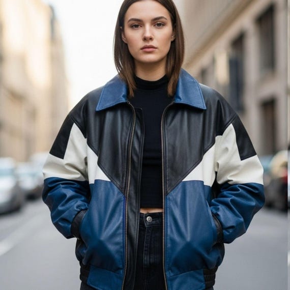 Genuine Leather Color Block Bomber Jacket Women Oversized Streetwear