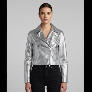 Embossed Croc Metallic Silver Leather Statement Jacket