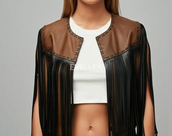 Brown Genuine Leather Fringe Vest: Women's Western Boho Crop Top
