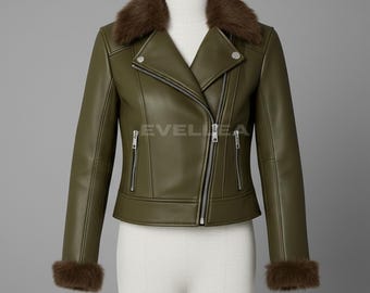 Olive Green  Leather Biker Jacket:BROWN Faux Fur Collar Winter Coat