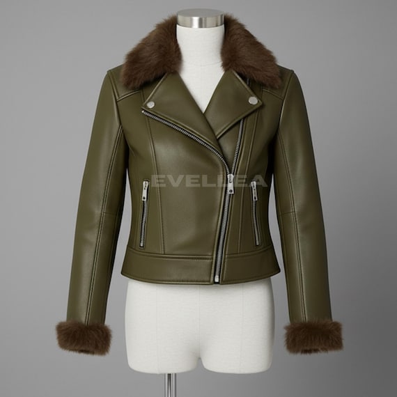Olive Green Leather Biker Jacket:brown Faux Fur Collar Winter Coat