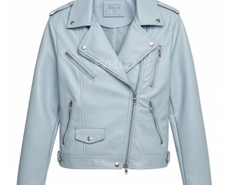Handmade Light Blue Leather Biker Jacket - Unisex Motorcycle Coat