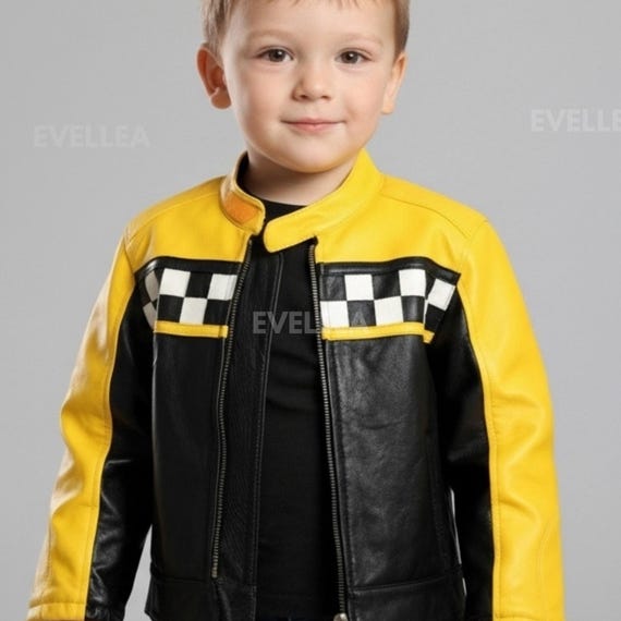 Handmade Kids Leather Racing Jacket | Yellow & Black Biker Style