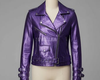Metallic Purple Leather Biker Jacket: Handmade Moto Style