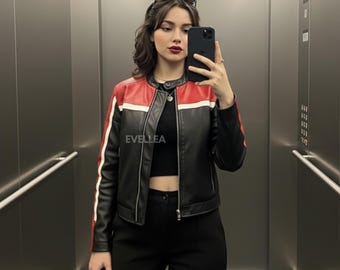 Red & Black Leather Moto Jacket: Cropped Retro Racing Style
