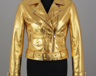 Unisex Metallic Gold Leather Biker Jacket: Genuine Moto Outerwear