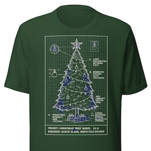 May include: Green t-shirt featuring a blueprint-style Christmas tree design. The design includes a star, ornaments, and text that reads "Project: Christmas Tree Model 25.12, Engineer: Santa Claus, North Pole Division."