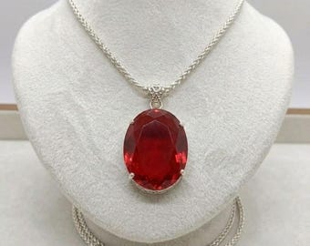 Handmade Ruby Pendant for Women | July Birthstone Necklace | 90–100 Ct Red Gemstone Jewellery | Oval Cut Silver Chain | Chakra Healing
