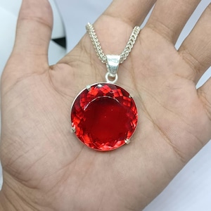Premium Round Ruby Pendant Necklace 90–100 Ct | Faceted Red Crystal Solitaire | Handmade July Birthstone Jewellery |