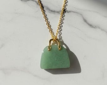 Green Aventurine Purse Pendant Necklace | Natural Healing Crystal Bag Charm | Handmade Crystal Jewellery | Gold Chain Fashion Gift for Her