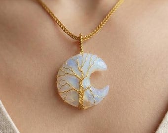 Opalite Crescent Moon Pendant 40-45Ct | Tree of Life Necklace | Natural Healing Crystal Jewellery for Clarity & Emotional Balance