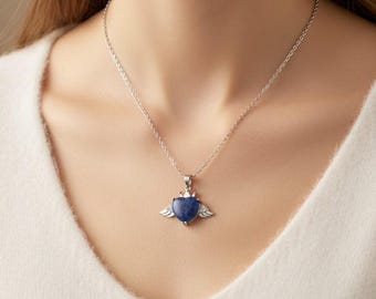 Natural Lapis Lazuli Heart Pendant Necklace, Sterling Silver Wings, Chakra Healing Jewellery