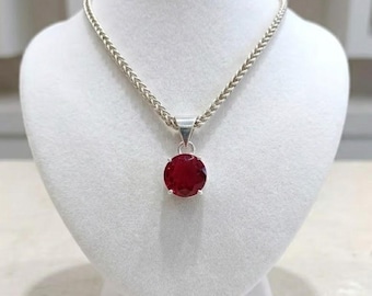 Red Ruby Gemstone Pendant Necklace | 10–15CT Round Cut Crystal in Sterling Silver | Handmade July Birthstone Jewellery | Chakra Love Healing