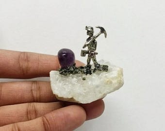 Miner Picking Amethyst on Quartz Base with Pyrite Cluster | Handmade Motivational Crystal Sculpture | Healing Crystal Gift for Clarity