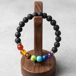 Elegante pulsera de piedra de lava de 7 chakras para aromaterapia / Cuentas curativas elásticas espirituales para hombres y mujeres / Pulsera de cristal de conexión a tierra