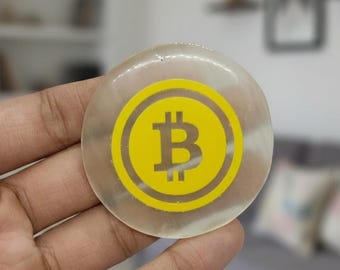 Bitcoin Resin Coin |  Handmade Epoxy Crypto Symbol Token | Yellow & Clear BTC Display for Desk Decor | Gift for Crypto Lover