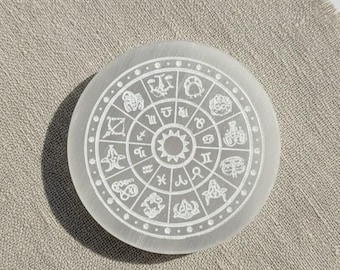 Selenite Charging Plate with Zodiac Wheel | Crystal Energy Cleansing Disc for Chakra Healing, Astrology Lovers & Home Altar Decor |