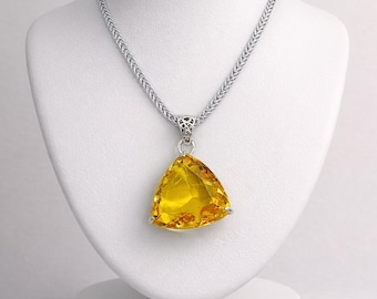 Gele saffierhanger | 100–110 kt biljoen geslepen edelsteenketting | Sterlingzilveren handgemaakte sieraden | Overvloed en energetische genezing